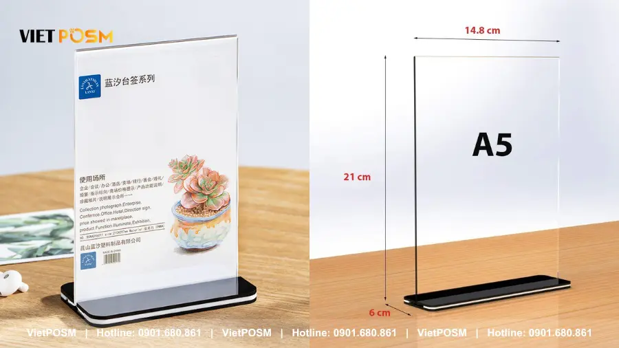 Kích thước tent card a5 đế đen mặt mica trong suốt